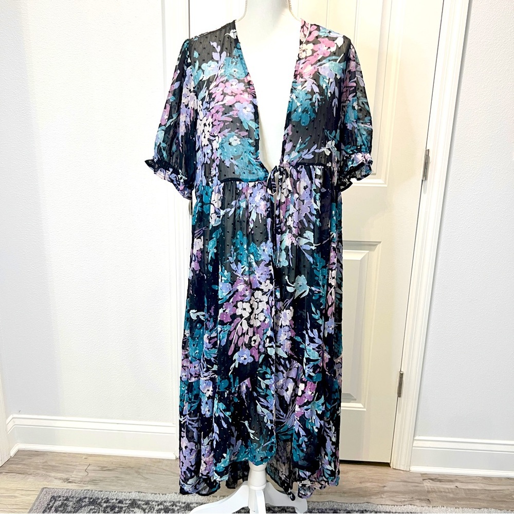 Torrid Floral Duster Maxi Size Large (12) Sheer Kimono Multicolor